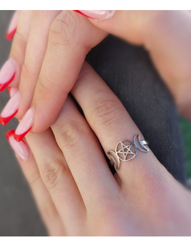 Anillo Pentagrama con Triple Luna,...